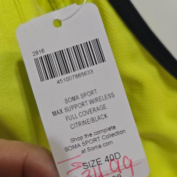 SOMA SPORT Maximum Support Wireless Sports Bra 40D Yellow Full Coverage NEW - Picture 4 of 7